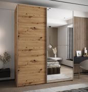Kleiderschrank / Schiebetürenschrank | Farbe: Eiche Artisan | Soft-Close | Spiegel | 2 Schiebetüren | 245,5 x 200 x 64 cm | 2 Kleiderstangen | 11 Fächer