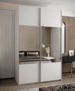 Kleiderschrank / Schiebetürenschrank | Farbe: Weiß | 245,5 x 140 x 64 cm | 2 Kleiderstangen | 6 Fächer | 2 Schiebetüren | Soft-Close-Funktion | Spiegel