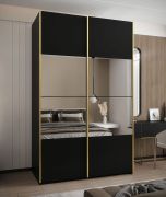 Kledingkast / schuifdeurkast / kleur: zwart / 6 vakken / 2 kledingstangen / 245,5 x 150 x 64 cm / soft-close / spiegel / 2 schuifdeuren