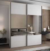 Kleiderschrank / Schiebetürenschrank | Farbe: Weiß | 245,5 x 190 x 64 cm | 11 Fächer | 2 Schiebetüren | 2 Kleiderstangen | Spiegel | Soft-Close-Funktion