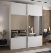 Kleiderschrank / Schiebetürenschrank | Soft-Close-Funktion | 245,5 x 200 x 64 cm | Spiegel | 11 Fächer | Farbe: Weiß | 2 Kleiderstangen | 2 Schiebetüren