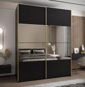 Kleiderschrank / Schiebetürenschrank | 2 Schiebetüren |2 Kleiderstangen | 245,5 x 200 x 64 cm | 11 Fächer | Spiegel | Soft-Close | Farbe: Schwarz