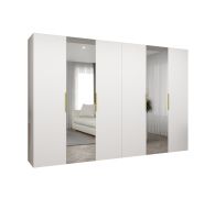 Kleerkast met vier vakken Korab 104, kleur: wit, vier kledingstangen, 3 meter breed, handgrepen: goud, soft-close functie, twee spiegeldeuren, draaideurkast