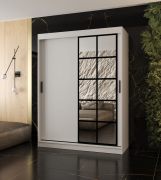 Schuifdeurenkast / kledingkast | Mat wit | 5 vakken | 2 kledingstangen | 150 x 62 x 200 cm | decoratieve spiegeldeur | voor de slaapkamer