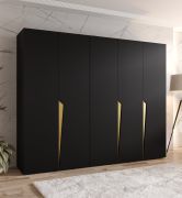 Kledingkast | Kleur: zwart | 5 deuren | 3 vakken | Handgrepen: goud | 3 kledingstangen | Soft-Close functie | Maten: 250 x 52 x 202 cm | ABS-randen