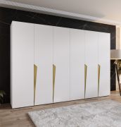 Drehtürenschrank / Kleiderschrank | Farbe: Weiß | 4 Fächer | 3 Meter breit | Griffe: Gold | 4 Kleiderstangen | Soft-Close-Funktion | Maße: 300 x 52 x 202 cm