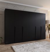 Draaideurkast / kledingkast / Kleur: zwart / 4 vakken / 3 meter breedte / Handgrepen: zwart / 4 kledingstangen / Soft-Close functie / Maten: 300 x 52 x 202 cm