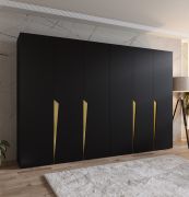 Draaideurkast / kledingkast / Kleur: zwart / 4 vakken / 3 meter breedte / Handgrepen: goud / 4 kledingstangen / Soft-Close functie / Maten: 300 x 52 x 202 cm