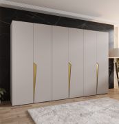 Draaideurkast | kleur: kasjmier | ABS randen | 3 meter breedte | 3 kledingroedes | Soft-Close functie | handgrepen: goud | 3 vakken | afmetingen: 300 x 52 x 202 cm
