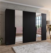 Kledingkast / Draaideurkast | Kleur: zwart | 2 spiegeldeuren | 4 vakken | 4 kledingstangen | Soft-Close | Handgrepen: zwart | Maten: 300 x 52 x 202 cm | ABS