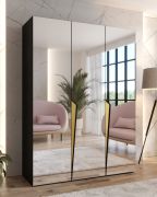 Kledingkast | Kleur: zwart | 3 spiegeldeuren | 2 vakken | 2 kledingstangen | Maten: 150 x 52 x 202 cm | Handgrepen: goud | Soft-Close functie | ABS-randbescherming