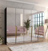 Slaapkamerkast met spiegel | Kleur: zwart | Kledingkast | Handgrepen: goud | 3 vakken | 3 kledingstangen | Maten: 250 x 52 x 202 cm | ABS-randen | Soft-Close functie