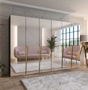 Kledingkast | kleur: zwart | slaapkamerkast met spiegel | Soft-Close functie | handgrepen: goud | afmetingen: 300 x 52 x 202 cm | ABS randen | 4 vakken | 4 kledingrails