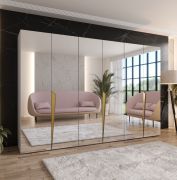 Draaideurkast | Kleur: kasjmier | Slaapkamerkast met spiegel | Handgrepen: goud | Soft-Close functie | 3 vakken | 3 kledingstangen | Maten: 300 x 52 x 202 cm | ABS-randen