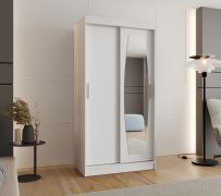 Kleiderschrank mit einer Spiegeltür Musala 02, Farbe: Weiß, 1 Meter breit, Aluminiumschienen, fünf Fächer, Schiebetürenschrank, zwei Kleiderstangen