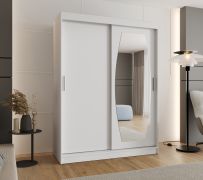 Kledingkast met een spiegeldeur Musala 10, kleur: wit, 1,5 meter breed, aluminium rails, vijf vakken, schuifdeurenkast, twee kledingstangen