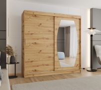 Schuifdeurenkast met schuifdeuren en een spiegeldeur, model Musala 17, kleur: Artisan eiken, 2 meter breed, 10 vakken, twee kledingstangen, aluminium rails, kledingkast