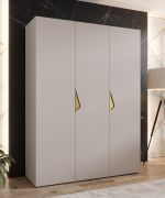 Kleiderschrank | 3 Türen | Farbe: Kaschmir | Griffe: Gold | Maße: 150 x 52 x 202 cm | 2 Kleiderstangen | 2 Fächer | Drehtürenschrank