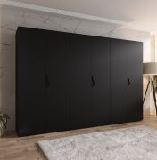 Draaideurkast | 6 deuren | Kleur: zwart | 3 kledingstangen | Handgrepen: zwart | 3 vakken | Maten: 300 x 52 x 202 cm | Soft-Close functie