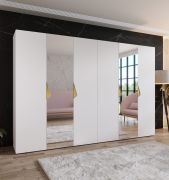 Draaideurkast / kledingkast | kleur: wit | 2 spiegeldeuren | 4 vakken | handgrepen: goud | 4 kledingstangen | afmetingen: 300 x 52 x 202 cm | ABS randen