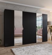 Draaideurkast / kledingkast | kleur: zwart | 2 spiegeldeuren | 4 vakken | handgrepen: kasjmier | 4 kledingstangen | afmetingen: 300 x 52 x 202 cm | ABS randen