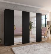 Kledingkast | 3 spiegeldeuren | 3 vakken | Kleur: zwart | 3 kledingstangen | Handgrepen: goud | Maten: 300 x 52 x 202 cm | Soft-Close functie