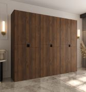 Draaideurkast / kledingkast / Kleur: Walnoot Warmia / 12 draaideuren / 9 vakken / 3 kledingstangen / 240 x 52 x 203 cm / Hoogwaardige afwerking / Deuren zonder handgrepen / Soft-Close functie