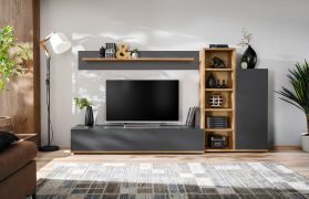 Woonwand | Kleur: antraciet / eiken Wotan | Push-to-open-functie | Maten: 240 x 40 x 127 cm | 11 vakken | 1 kast | 1 open kast | 1 wandplank / wandrek