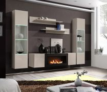 Woonwand | incl. LED verlichting | Kleur: kasjmier | 2 hangvitrines | 1 TV-onderkast met bio-ethanol openhaard | 2 wandplanken / wandrekken