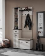 Kapstok | incl. zitkussen | 4 haken | kleur: kasjmier / zwart | gestoffeerd paneel | afmetingen: 90 x 32 x 203 cm | zitplaatsen | 8 vakken | voor de hal
