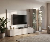 Woonwand | Kasjmier / wit marmer | incl. LED verlichting | push-to-open-functie | 300 x 45 x 175 cm | 2 vitrine kasten | 1 TV-onderkast | 1 wandpaneel