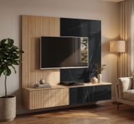TV-onderkast inclusief wandpaneel | Kleur: eiken Cremona / zwart marmer | geribbeld front | push-to-open-functie | 148 x 35 x 160 cm | voor de woonkamer