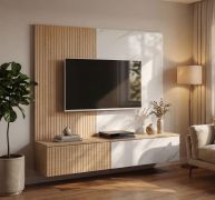 TV-onderkast inclusief wandpaneel | Kleur: eiken grafiet / wit marmer | geribbeld front | push-to-open-functie | 240 x 40 x 160 cm | voor de woonkamer
