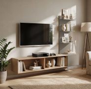 Wohnwand | Farbe: Eiche Cremona / Clay Grau | geriffelte Front | Push-to-open Funktion | hochwertig Verarbeitet | 148 x 35 x 160 cm | schlichtes Design | für Wohnzimmer