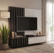 TV-onderkast inclusief wandpaneel | Kleur: eiken grafiet / wit marmer | geribbeld front | voor de woonkamer | 148 x 35 x 160 cm | push-to-open-functie