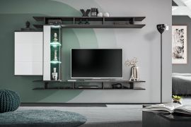 Hangelement met modern design Bjordal 31, kleur: eiken grafiet / wit hoogglans - Afmetingen: 130 x 230 x 35 cm (H x B x D), met 11 vakken