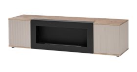 TV-onderkast | Bio-ethanolopenhaard | Push-to-open-functie | Kleur: Viking-eik / kasjmier | 2 draaideuren | Maten: 160 x 45 x 42 cm