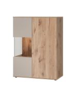 Vitrine kast | incl. LED verlichting | Kleur: Viking-eik / kasjmier | Push-to-open-functie | Maten: 90 x 40 x 120 cm | 6 vakken | voor de woonkamer