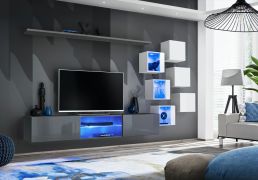 Woonwand met push-to-open-functie Volleberg 08, kleur: grijs / wit - Afmetingen: 140 x 260 x 40 cm (H x B x D), met drie hangkasten en drie hangvitrines