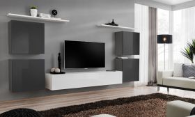 Elegante woonwand Balestrand 56, kleur: grijs / wit - Afmetingen: 150 x 320 x 40 cm (H x B x D), met push-to-open-functie