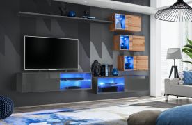 Woonkamerwand Volleberg 64, kleur: grijs / eiken Wotan - afmetingen: 150 x 250 x 40 cm (H x B x D), met genoeg opbergruimte
