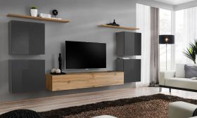 Woonwand in het functionele design Balestrand 64, kleur: grijs / eiken Wotan - Afmetingen: 150 x 320 x 40 cm (H x B x D), met 11 vakken