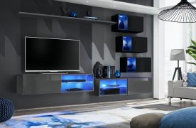 Hangelement met twee TV-onderkasten Volleberg 57, kleur: grijs / zwart - Afmetingen: 150 x 250 x 40 cm (H x B x D), met blauwe LED-verlichting