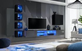 Woonkamer-woonwand Volleberg 89, kleur: zwart / grijs - afmetingen: 150 x 280 x 40 cm (H x B x D), met push-to-open-functie