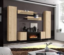 Woonwand | Kleur: eiken Hickory Jackson | 2 hangkasten | 1 TV-onderkast met bio-ethanolopenhaard | 2 wandplanken / wandrekken | Push-to-open-functie