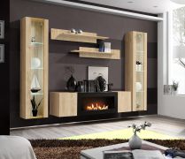 Woonwand | Kleur: eiken Hickory Jackson | 2 hangvitrines | 1 TV-onderkast met bio-ethanolopenhaard | 2 wandplanken / wandrekken | incl. LED verlichting