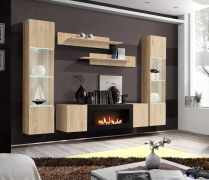 Woonwand | incl. LED verlichting | Kleur: eiken Hickory Jackson | 2 hangvitrines | 1 TV-onderkast met bio-ethanol openhaard | 2 wandplanken / wandrekken