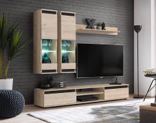 Woonwand | Kleur: eiken Hickory Jackson / zwart | incl. LED verlichting | Maten: 175 x 37 x 150 cm | 1 TV-onderkast | 2 vitrinekasten | 1 wandplank / wandrek