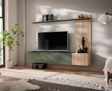 Woonwand / Kleur: eiken Hickory Jackson / groen / Push-to-open-functie / 180 x 40 x 130 cm / 1 TV-onderkast / 1 wandplank / wandrek