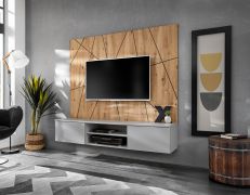 Woonwand / Push-to-open-functie / modern design / Kleur: Perla Grijs / Artisan eiken / Maten: 160 x 35 x 148 cm / voor de woonkamer